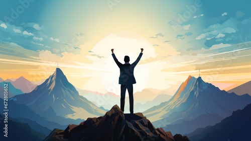 Silhouette of a businessman standing on top of a mountain, Business and success concept