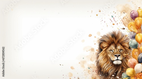 lion roaring in the golden colored frame which is surrounded by confeties and balloons on white background.