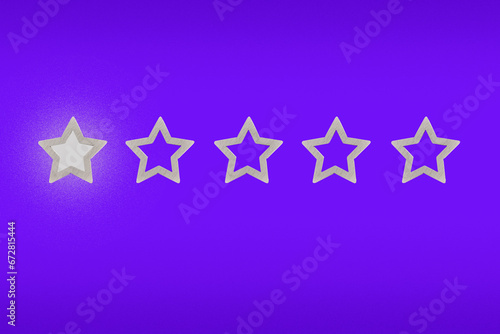 Gray, silver five star shape on a purple background. Increase rating or ranking, evaluation and classification idea. One 1 star