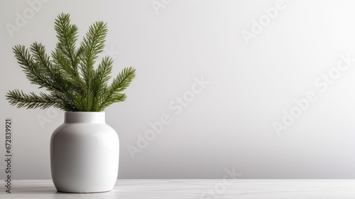 A vibrant green plant with lush leaves is elegantly placed in a white ceramic vase against a minimalist white background.