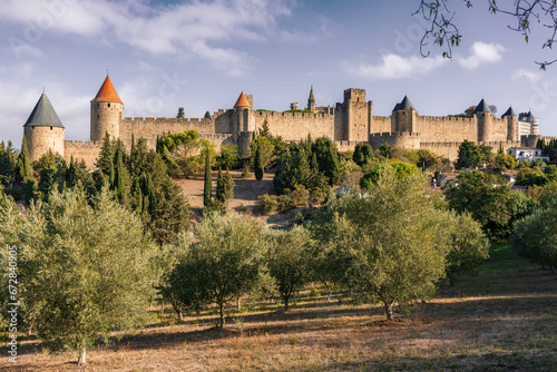 Carcassonne. Fortified city in the department of Aude, region of Occitania, France. Panorama of the Cité, the famous medieval old town.