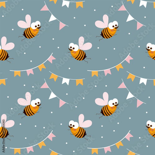 Seamless pattern, cute cartoon bees and festive garlands with flags on a delicate background. Cartoon baby print, textile, children's bedroom decor.