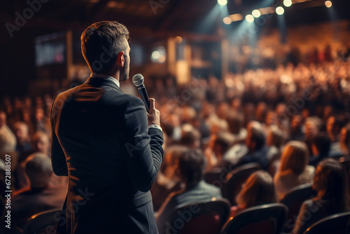 Business man or motivational speaker wearing suit on podium stage at public event