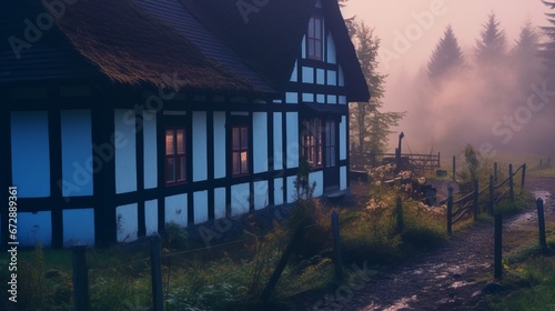 Old Prussian-styled house in dusk. Kaszuby
