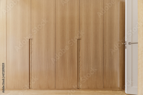 Frontal image of a bedroom hallway covered with built-in light oak wood cabinets with integrated nailhead handles
