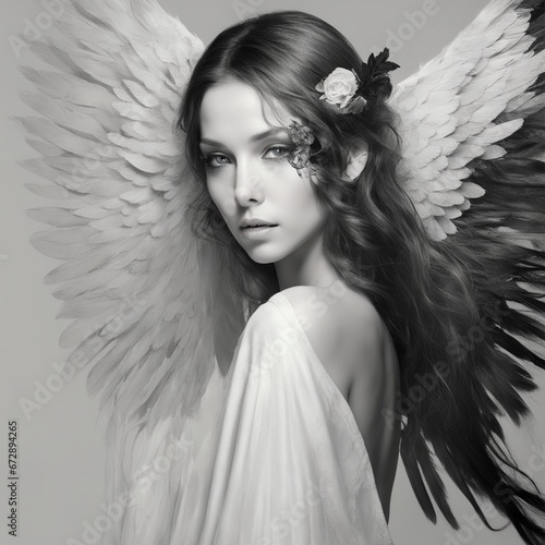 Kobieta anioł z białymi i czarnymi skrzydłami