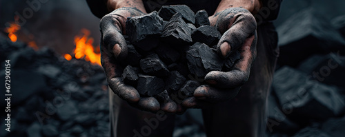 black coal in man hands, heavy industry cocept with raw heat materials.