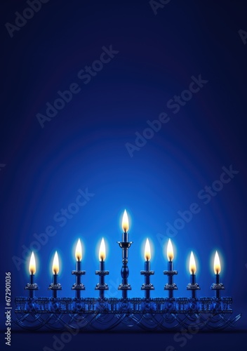 Jewish religious holiday Hanukkah with holiday Hanukkah (traditional candelabra), on blue background