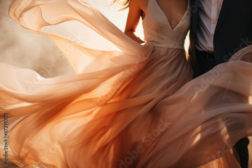 Beautiful couple in love in an elegant evening dress, a light transparent dress flowing in the wind