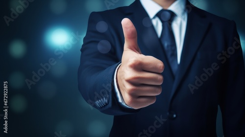 Businessman hand thumb up with virtual correct sign or tick mark for approve quality assurance and guarantee concept.