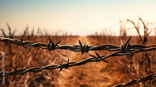 Rusted barbed wire fence against clear blue sky in vast open field. Sharp, menacing details with intricate texture and contrast