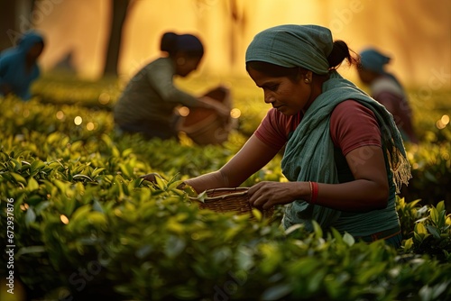 People working on a lush, green tea plantation in Asia, showcasing the traditional agricultural practices in a beautiful landscape.