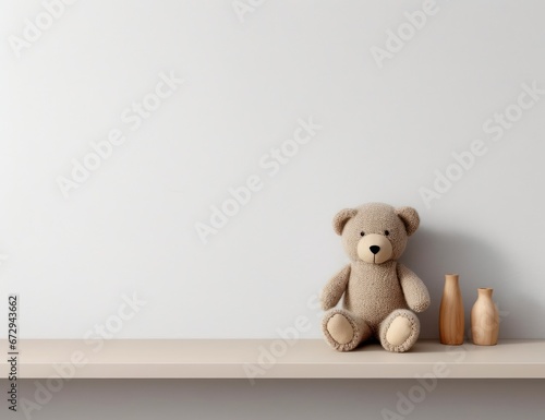 A lone teddy bear with a small box on a shelf against a plain background, evoking simplicity and nostalgia. Ideal for minimalist nursery decor, a comforting visual for child therapy centers