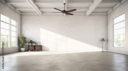 an open room with a white tile floor and white walls and a large ceiling fan above