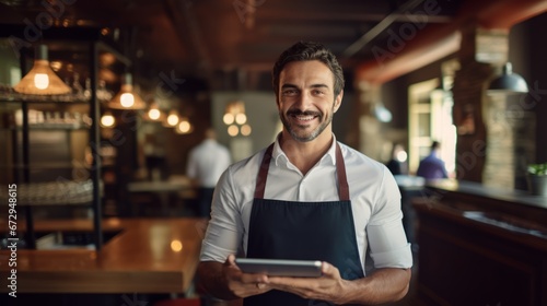 Small business restaurant owner looking at the camera. joyful waiter holding a tablet with his both hands.