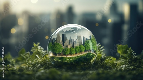The dream of an eco-city enclosed in a crystal ball, with the agglomeration in the background.