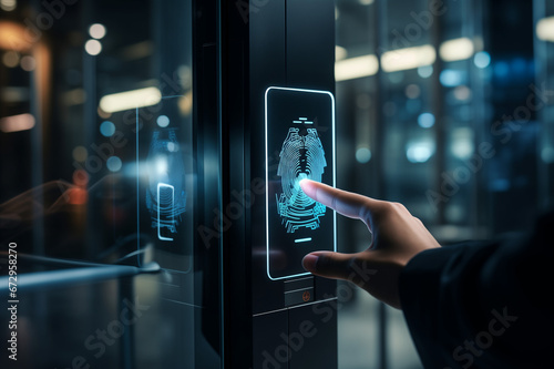 Touching a Ekey, Close-up of the Access control systems, fingerprint reader on a black glass door