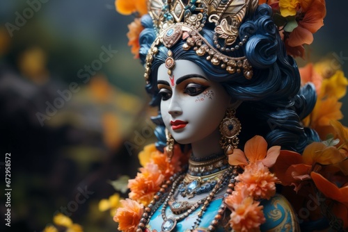Krishna in figurine style. Religious concept with selective focus and copy space
