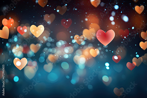 Valentine day background with hearts, sparks and lustrious light, in the style of light red and dark azure