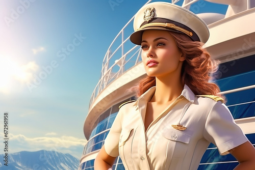 A young woman in the uniform of a captain of a sea liner.
