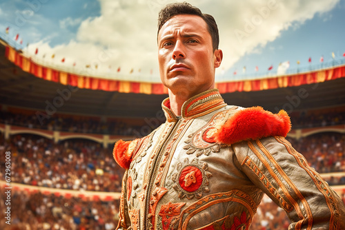 Portrait of a bullfighter in a Spanish corrida arena in a symbolic costume.