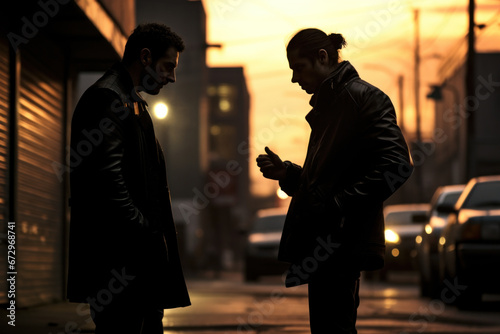 Two gang members having conversation in the street