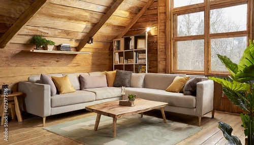 本棚のある木の壁にコーナーソファと素朴なテーブル、屋根裏部屋のモダンなリビングルーム。