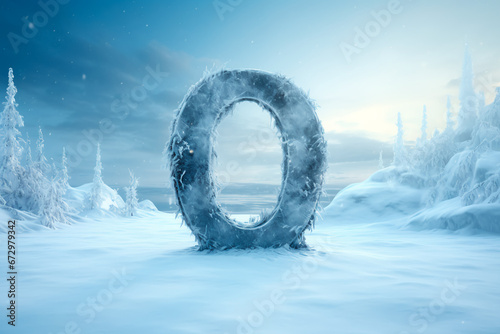 The number zero in the cold, against the backdrop of winter during a snowfall. Frozen number zero in the midst of the cold season. A giant number zero in the cold