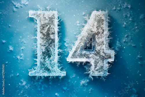 The number fourteen in the cold, against the backdrop of winter during a snowfall. Frozen number fourteen in the midst of the cold season. A giant number fourteen in the cold