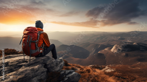 Hiker with backpack relaxing on top of a mountain, male hiker and nature
