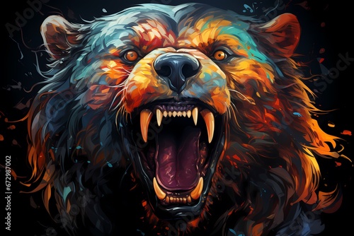 A Fierce Bear Roaring in Close-Up, Displaying Its Powerful Jaws and Sharp Teeth.