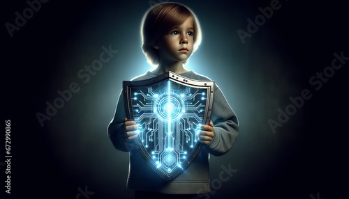 A teenager holds a shield emblazoned with a digital pattern, standing resolute against a storm of binary code. The shield represents a strong defense against the onslaught of cyberbullying.