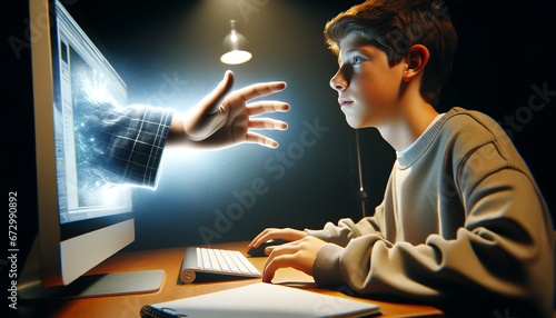 An ambiguous hand extending from the glow of a computer screen, poised to offer either help or harm.