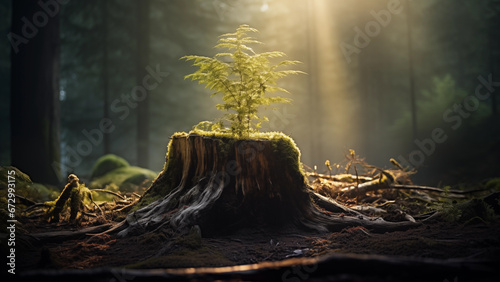 A precious little tree growing from a cut down tree in the forest