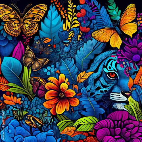 AI-generated illustration of abstract colorful flowers, with butterflies and a tiger