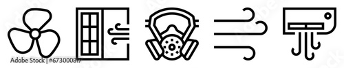 Conjunto de iconos de ventilación. Ventilador, ventana abierta, máscara de respiración, viento, aire acondicionado. Ilustración vectorial