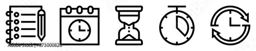 Conjunto de iconos de gestión del tiempo. Lista de tareas, calendario, reloj de arena, cronómetro, reloj con flechas. Ilustración vectorial