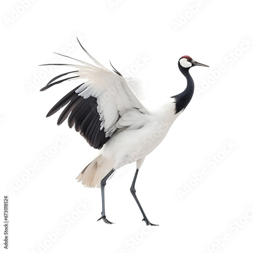 side view, red crowned crane dancing against transparent background. The ritual marriage dance. 
