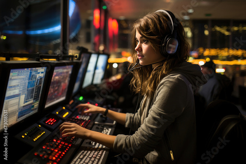 Focused female air traffic controller with headset working at her station among glowing screens at night.