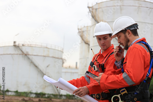Team Engineers wearing safety harnesses working and discussing with blueprint at the Oil Refinery storage tanks.