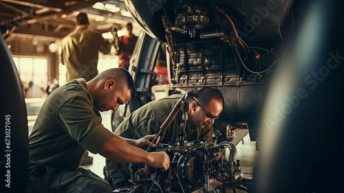 Workers aligning and fitting specialized equipment on a military helicopter.Background