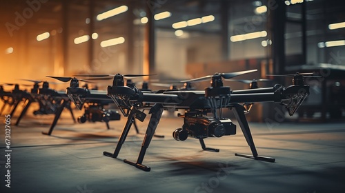 a collection of drones stored in a warehouse, indicating a focus on technology, unmanned aerial vehicles, and possibly logistics or distribution.Background