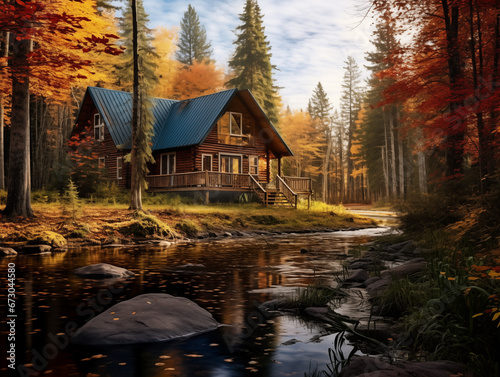  A picturesque cabin nestled in a serene forest clearing beside a winding river, towering pine and birch trees frame the idyllic landscape