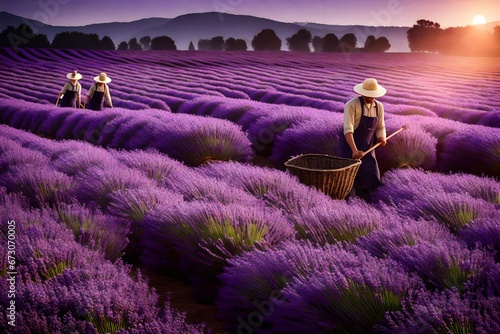 A serene field of lavender at sunset, with workers collecting the fragrant, purple blossoms using handheld baskets during a peaceful harvest. --ar