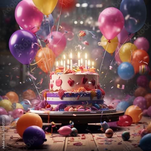 Kartka urodzinowa, tort, balony, konfetti. Ai generative