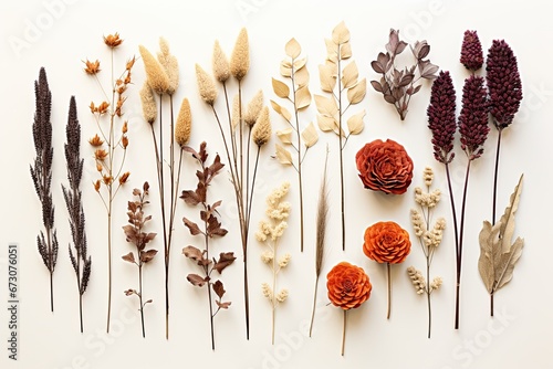 set of different dried flowers on a plain white background - top view