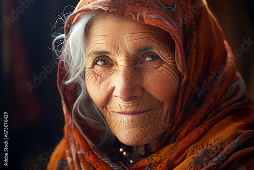 Smiling Arab elderly woman. Veiled Muslim woman. Old person. AI.