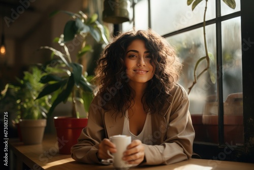 beautiful smiling lady drinking a beer or coffee in a pub 