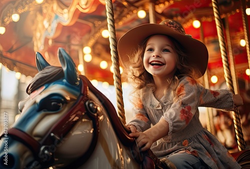 Happy little boy expressing joy and smiling while riding on carousel