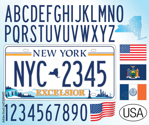 New York State car license plate, new pattern 2020, letters, numbers and symbols, USA, United States, vector illustration